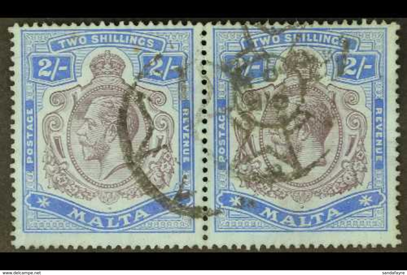 1914-21 2s Purple & Bright Blue/blue, SG 86, Good Used Horizontal Pair With GPO Cross Cancel (2 Stamps) For More Images, - Malte (...-1964)