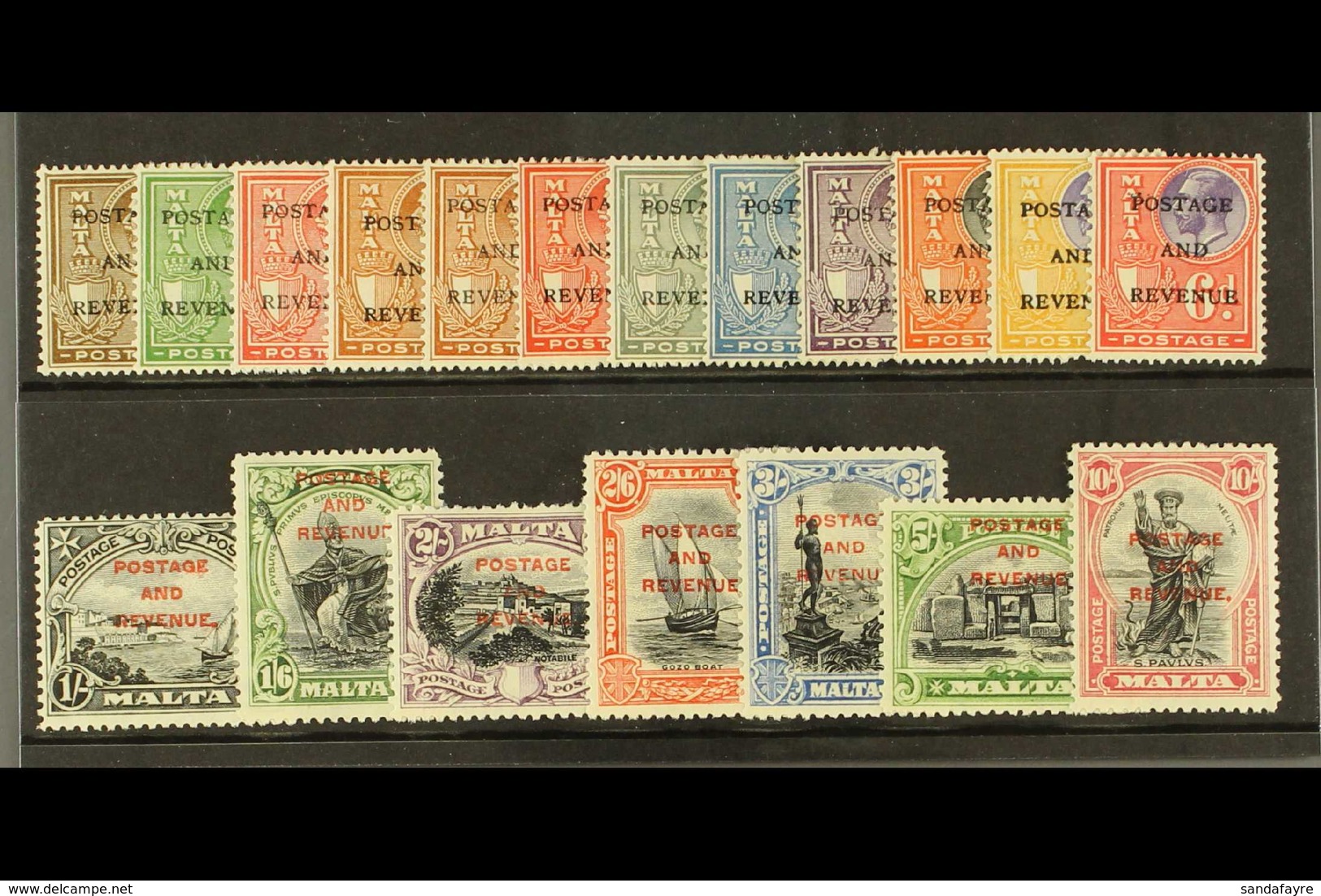 1928 Definitives Complete Set Ovptd "Postage And Revenue" SG.174/92, Very Fine Mint (19). For More Images, Please Visit  - Malta (...-1964)