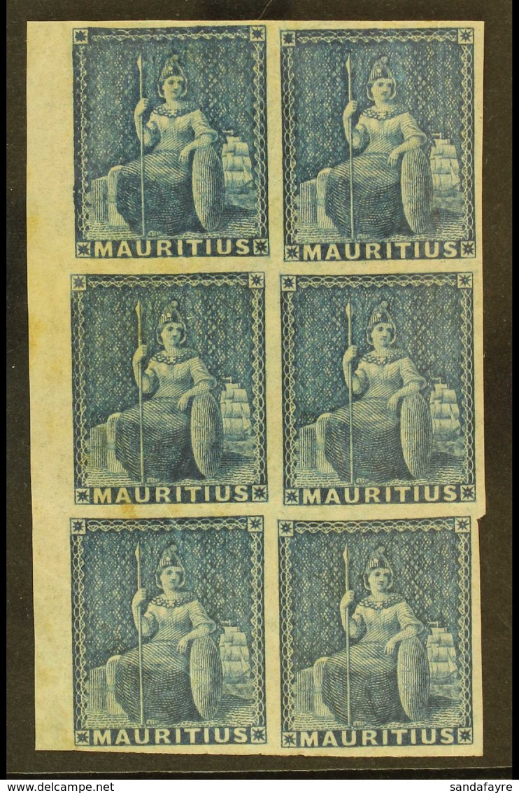1858 Unissued Blue "Britannia", SG 31, Marginal Mint Block Of 6 (1 Block Of 6) For More Images, Please Visit Http://www. - Mauritius (...-1967)