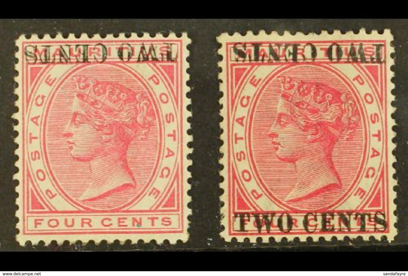 1891 2c On 4c Carmine SURCHARGE INVERTED Variety (one Short Perf), SG 118a, And 2c On 4c Carmine SURCHARGE DOUBLE, ONE I - Mauritius (...-1967)