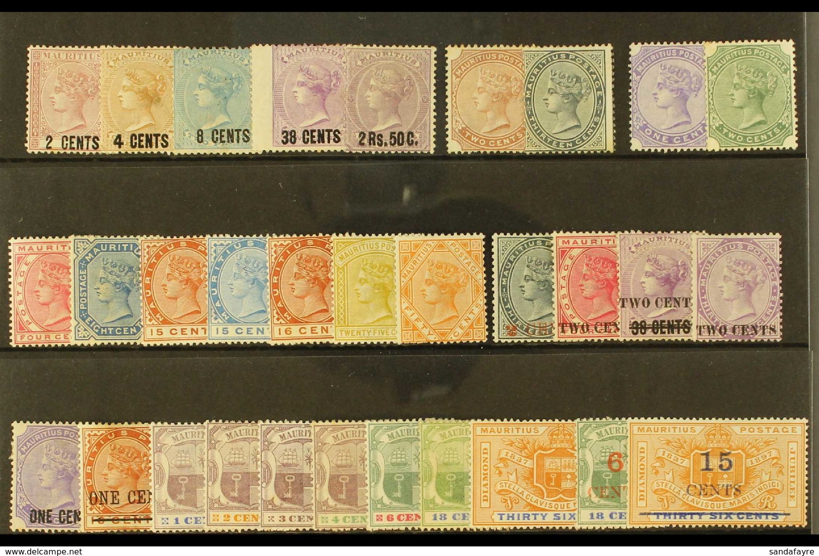19TH CENTURY NEW CURRENCY MINT. An ALL DIFFERENT Mint Selection Presented On A Stock Card That Includes An 1878 Surcharg - Mauritius (...-1967)