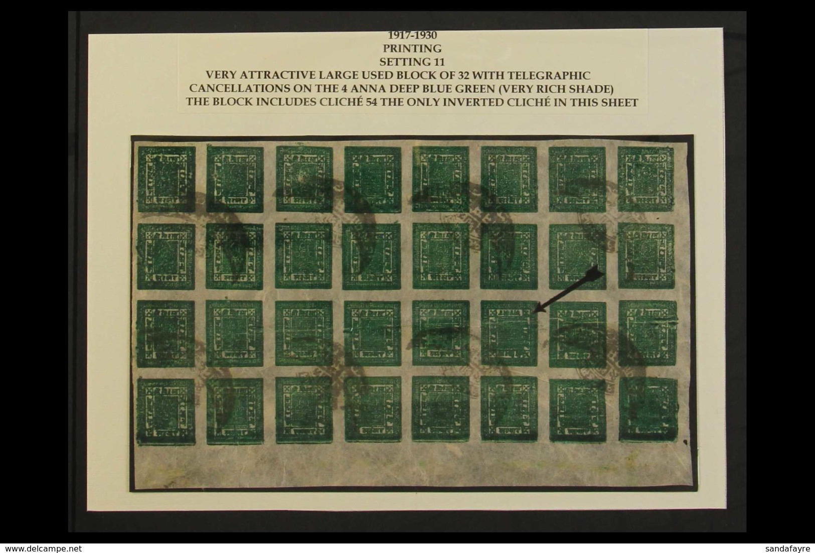 1917-30 IMPRESSIVE LARGE MULTIPLE 4a Deep Blue-green, SG 41, Scott 17, Or Hellrigl 43, From Setting 11, A Used With Tele - Nepal