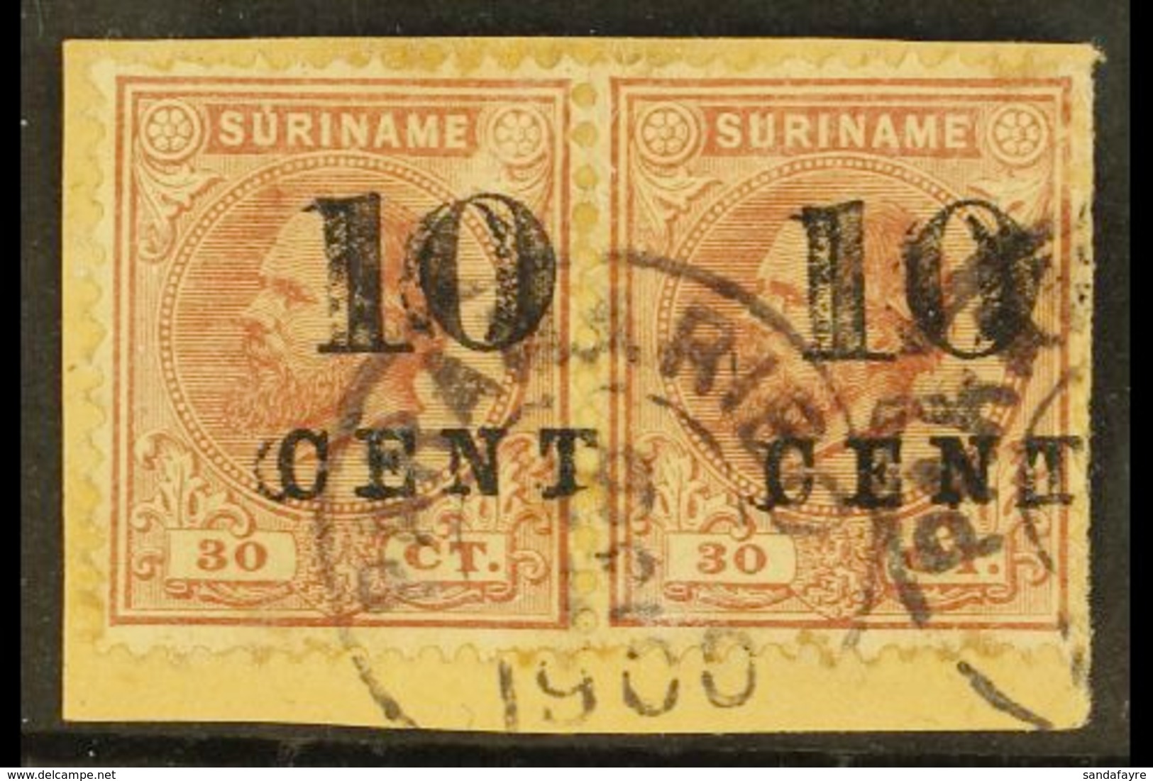 SURINAM 1898 10c On 30cent Lilac Brown, Horizontal Pair, Variety "double Overprint", NVPH 33fa, Fine Used On Piece. For  - Other & Unclassified
