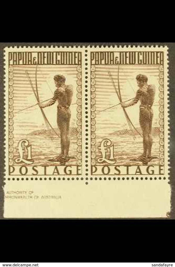 1952 £1 Deep Brown, SG 15, Lower Marginal Horizontal Pair With Partial Imprint, Never Hinged Mint. For More Images, Plea - Papua New Guinea