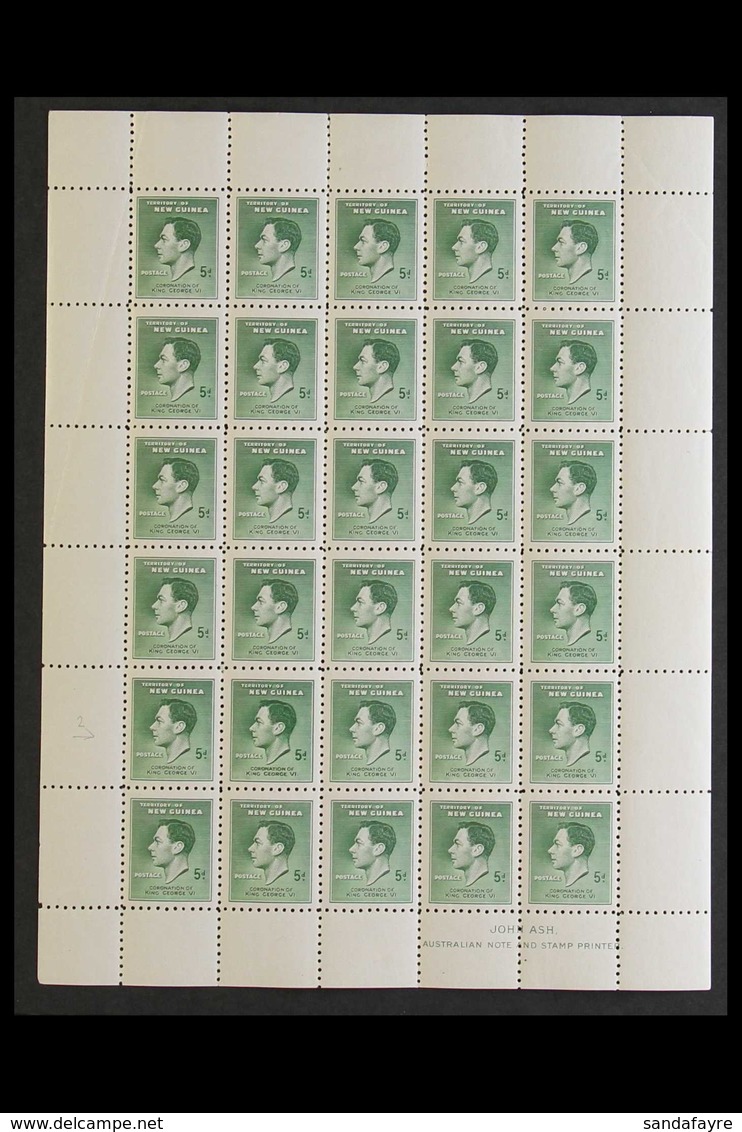 1937 CORONATION COMPLETE PANE. A Complete Pane Of The 5d Green Coronation Issue, SG 210/10a, Never Hinged Mint Sheet Of  - Papua New Guinea