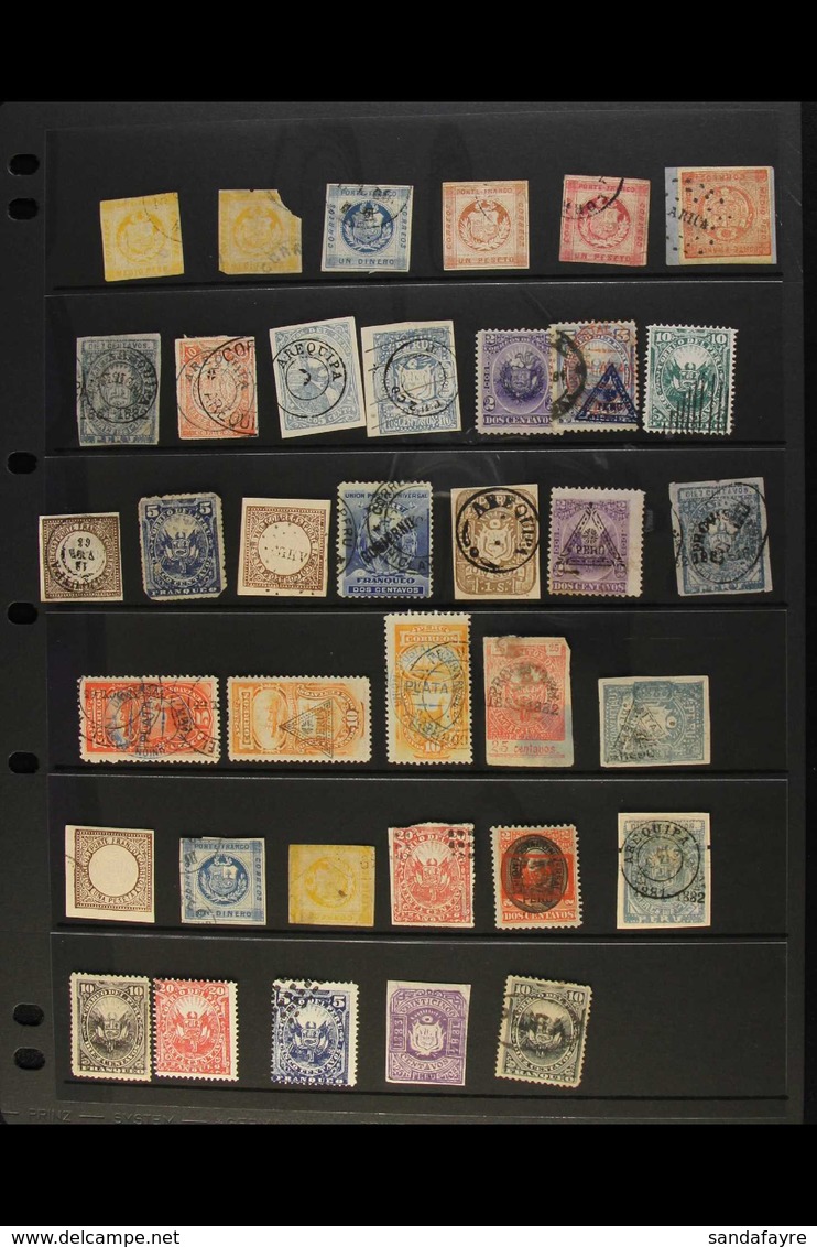 1858 - 1890s UNUSUAL ITEMS. A Single Hagner Page Showing Forgeries, War Of The Pacific Overprints & Other Items (36 Stam - Peru