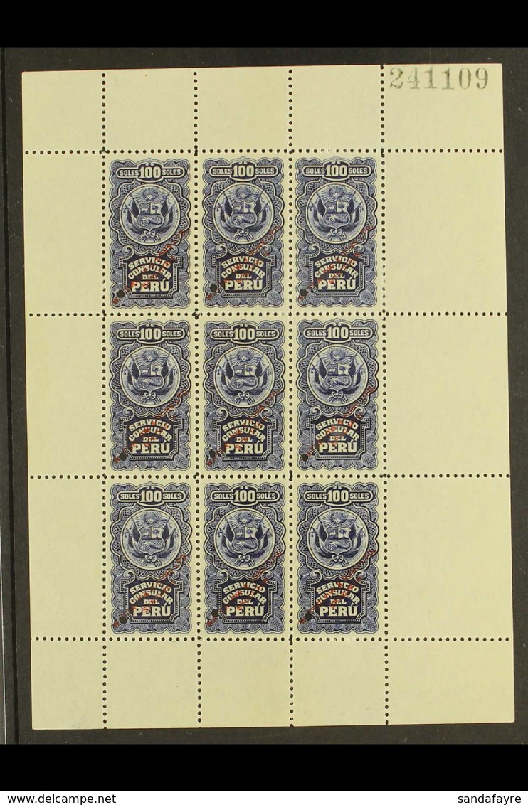 CONSULAR REVENUES WATERLOW SAMPLE PROOFS. Circa 1900 100s Blue 'Servicio Consular Del Peru' Complete SHEETLET OF 9 Print - Peru