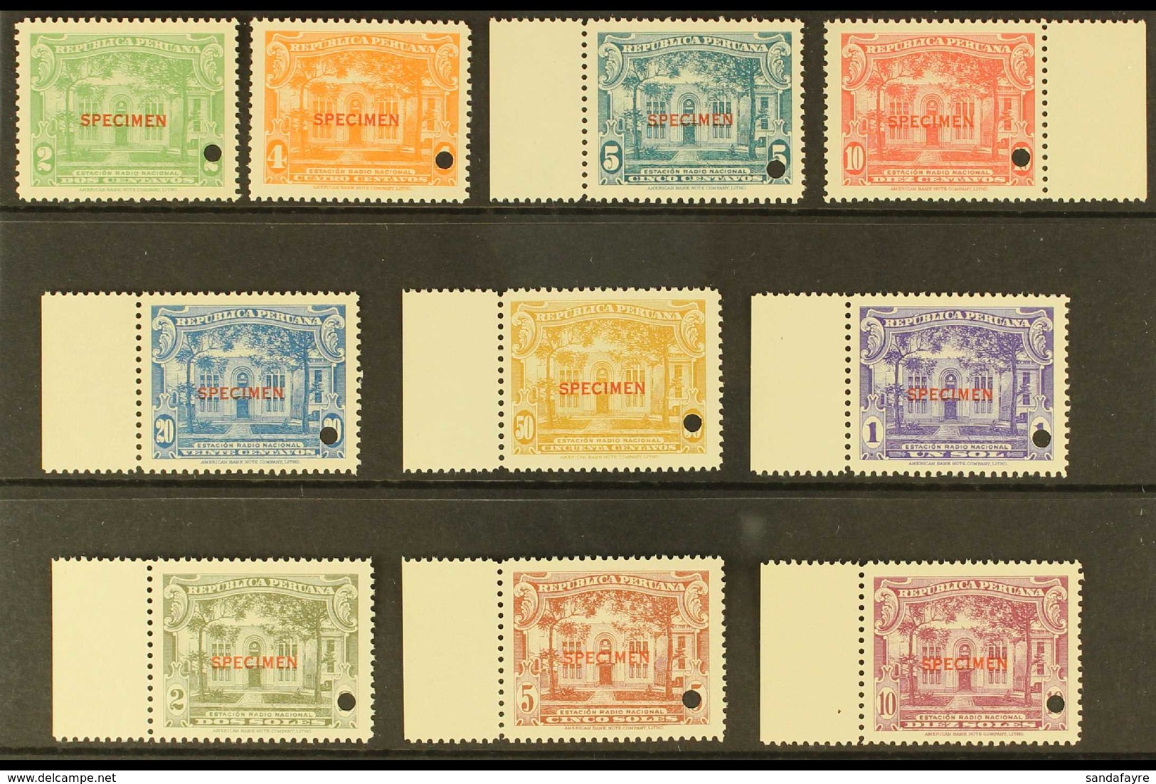 REVENUES NATIONAL RADIO STAMPS 1938 Complete Set With "SPECIMEN" Overprints And Small Security Punch Holes, Never Hinged - Peru