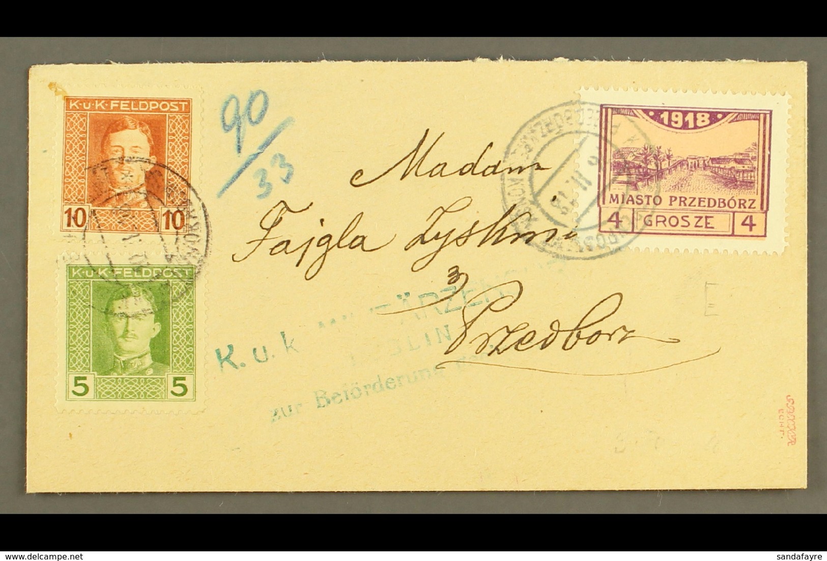 LOCAL TOWN POST PRZEDBORZ 1918 (20 Feb) Censored Cover Bearing Austria 5h & 10h Feldpost Stamps Tied By "K.u.k. Etappenp - Other & Unclassified