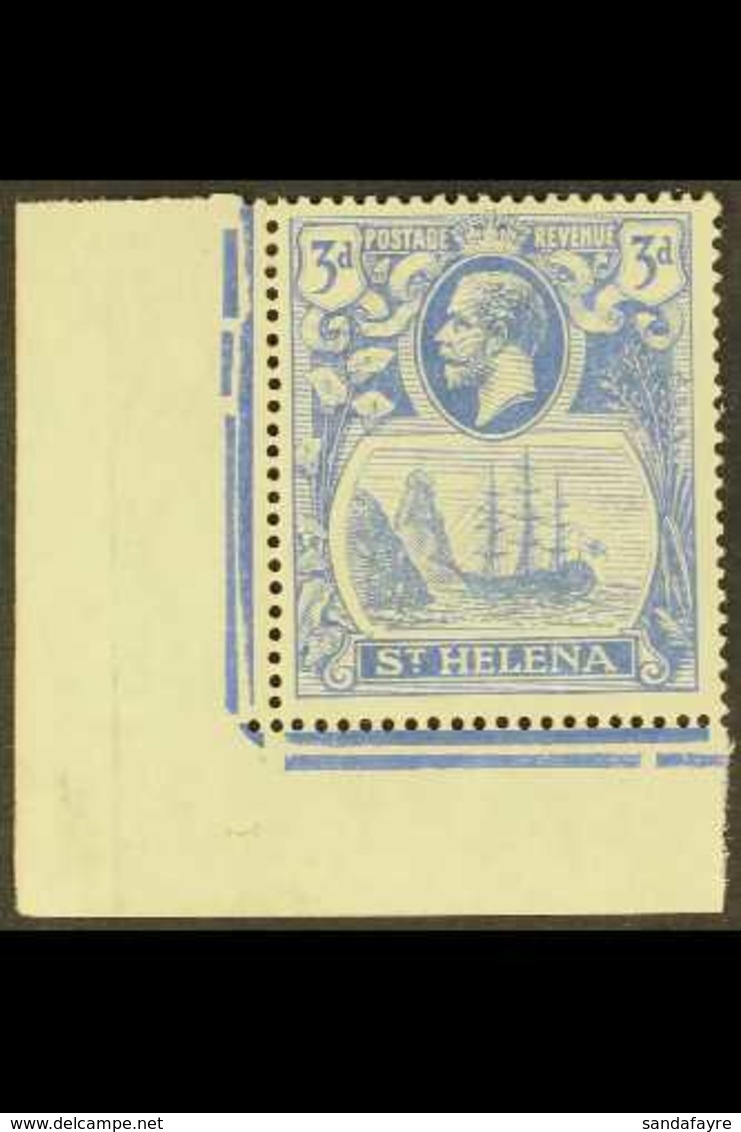 1922-37 3d Bright Blue, Wmk Script CA, CLEFT ROCK VARIETY, SG 101c, Never Hinged Mint, Corner Marginal Example. For More - St. Helena
