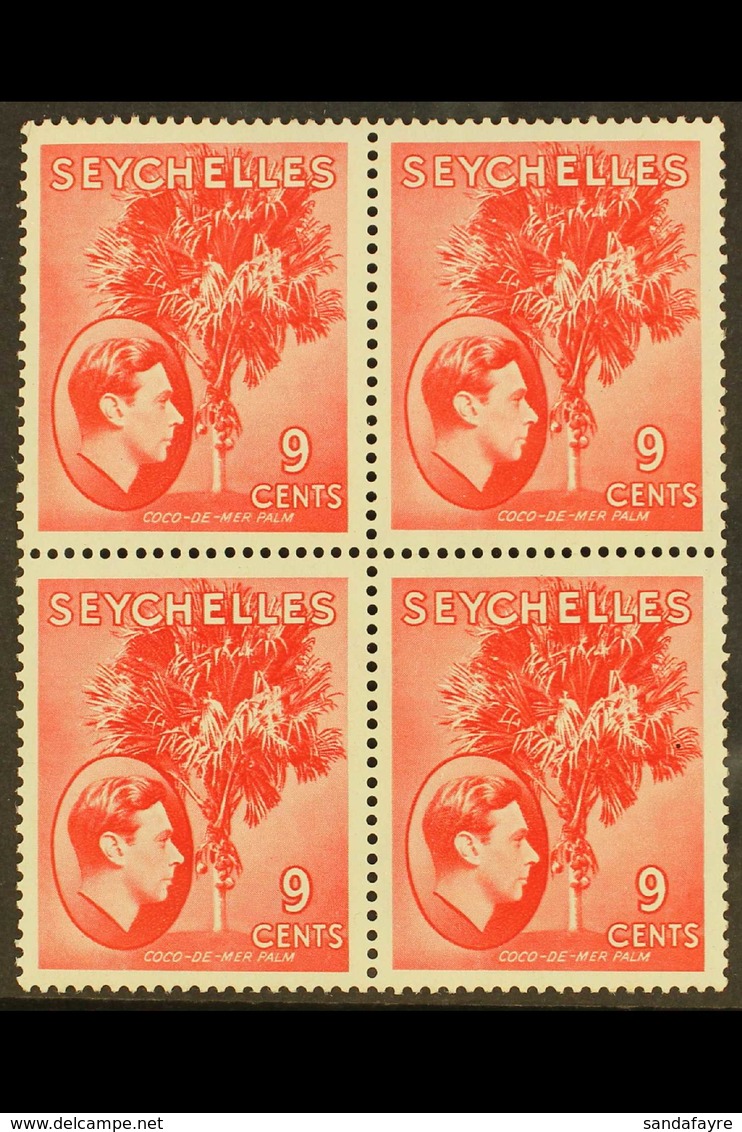 1938-49 NHM MULTIPLE 9c Scarlet On Chalky Paper, SG 138, Block Of 4, Never Hinged Mint. Lovely, Post Office Fresh Condit - Seychelles (...-1976)