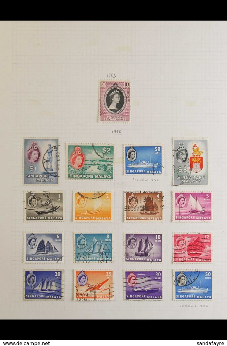 1953-1970 COMPLETE FINE USED COLLECTION On Leaves, All Different, COMPLETE For Basic Issues, Includes 1955-59 Defins Set - Singapore (...-1959)