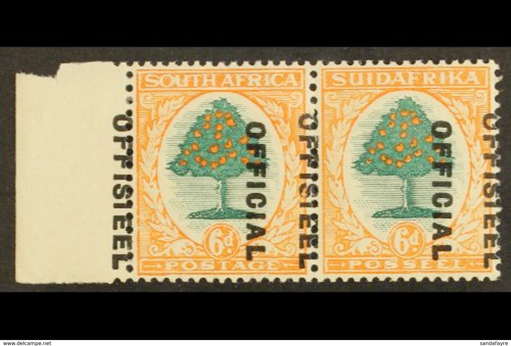 OFFICIAL VARIETY 1930-47 6d Green & Orange, OVERPRINT SHIFTED TO LEFT VARIETY, Left Marginal Example With "OFFISIEEL" Pr - Non Classés