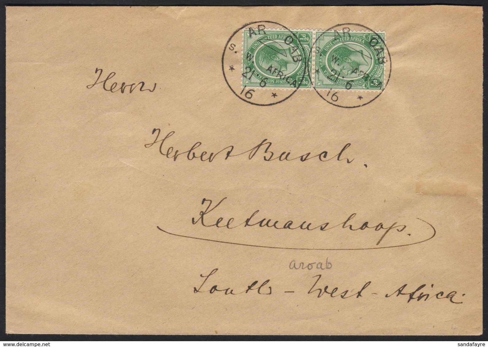 1916 (21 Jun) Cover To Keetmanshoop Bearing Union ½d Vertical Pair Tied By Two Very Fine "AR OAB" Strikes, Putzel Type B - South West Africa (1923-1990)