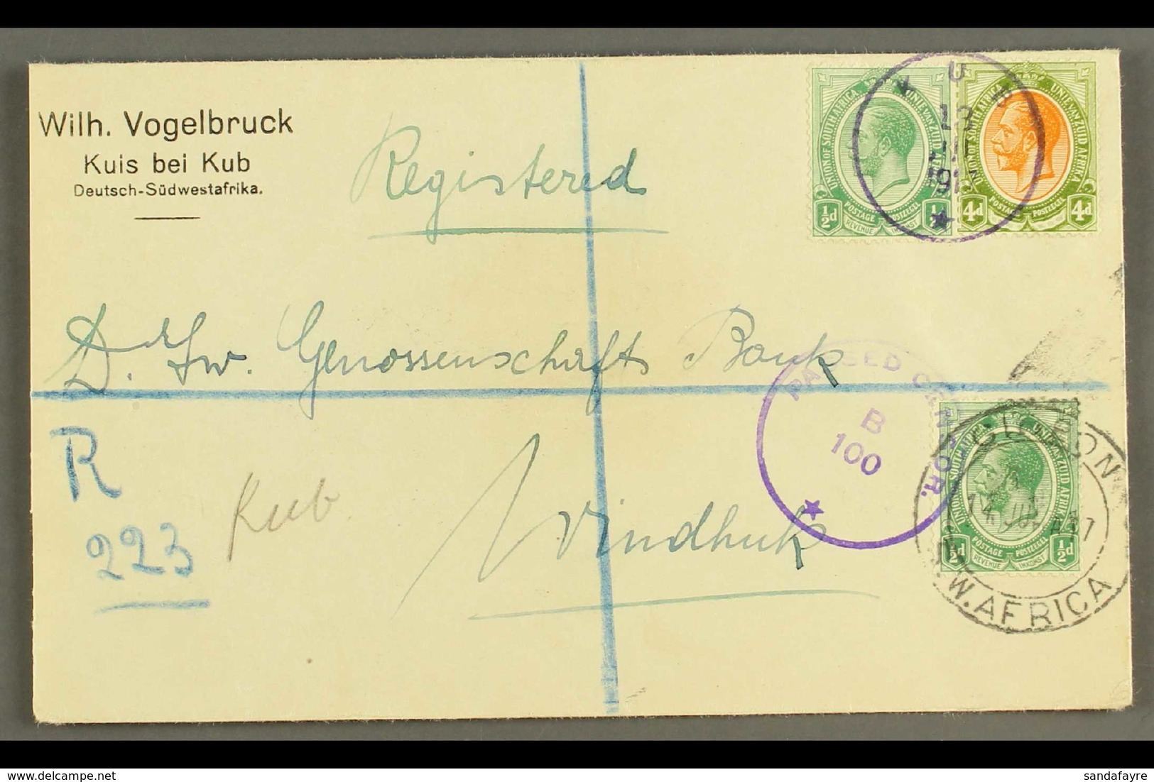 1917 (13 Jul) Printed Registered Cover To Windhuk Bearing ½d And 4d Union Stamps Tied By Very Fine "KUB" Violet Cds Post - South West Africa (1923-1990)