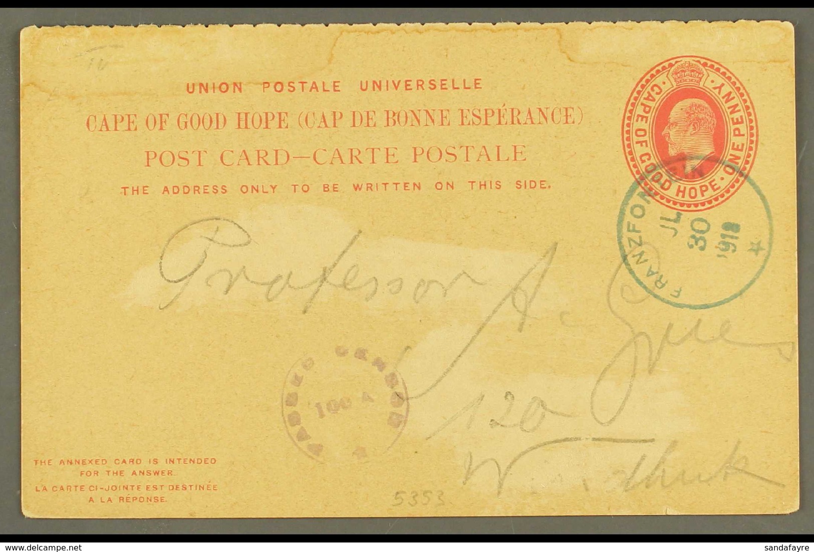 1918 (30 Jul) 1d KEVII Cape Postal Card To Windhuk Cancelled By Very Fine "FRANZFONTEIN" Rubber Cds Postmark In Greenish - South West Africa (1923-1990)