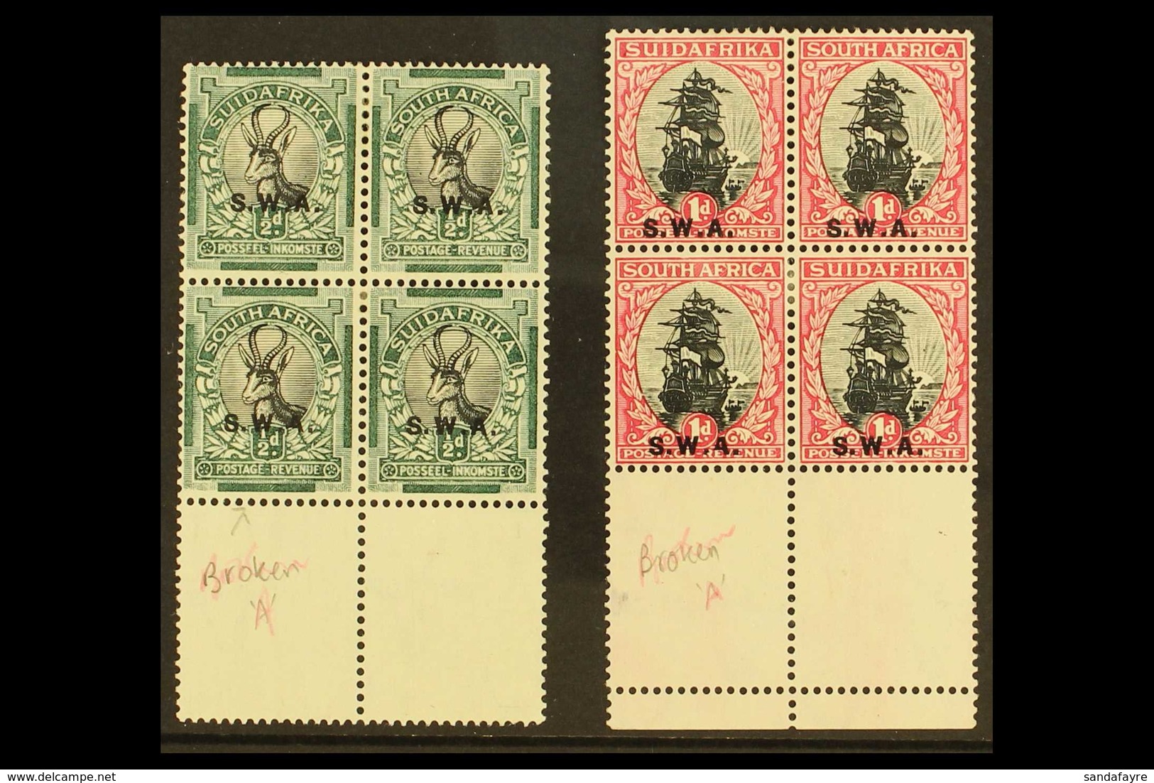 1930-1 ½d & 1d "S.W.A." Overprints, Lower Margin Blocks Of 4 With Matching Broken "A" Varieties, SG 68/9, Mint (2 Blocks - South West Africa (1923-1990)