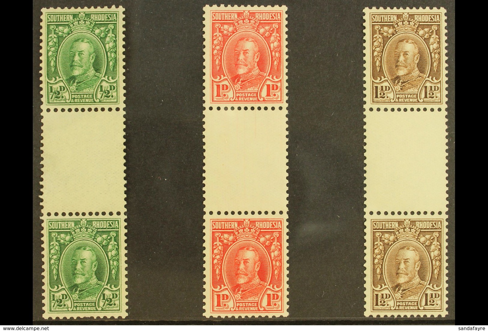 1931-37 VERTICAL GUTTER PAIRS ½d Green Perf 11½, SG 15a, 1d Scarlet Perf 12, SG 16, Plus The Good 1½d Chocolate Perf 12, - Southern Rhodesia (...-1964)