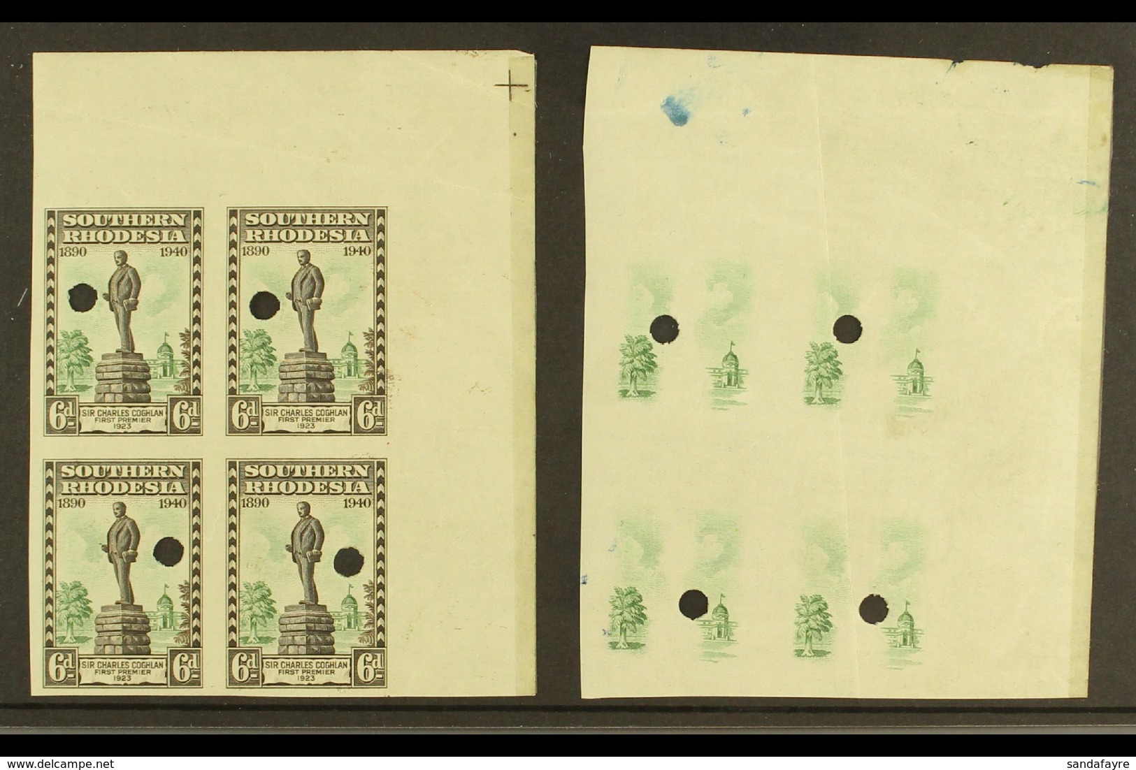 1940 6d Chocolate And Green BSAC Golden Jubilee IMPERFORATE PROOF BLOCK OF FOUR In The Issued Colours Each With A Puch H - Southern Rhodesia (...-1964)