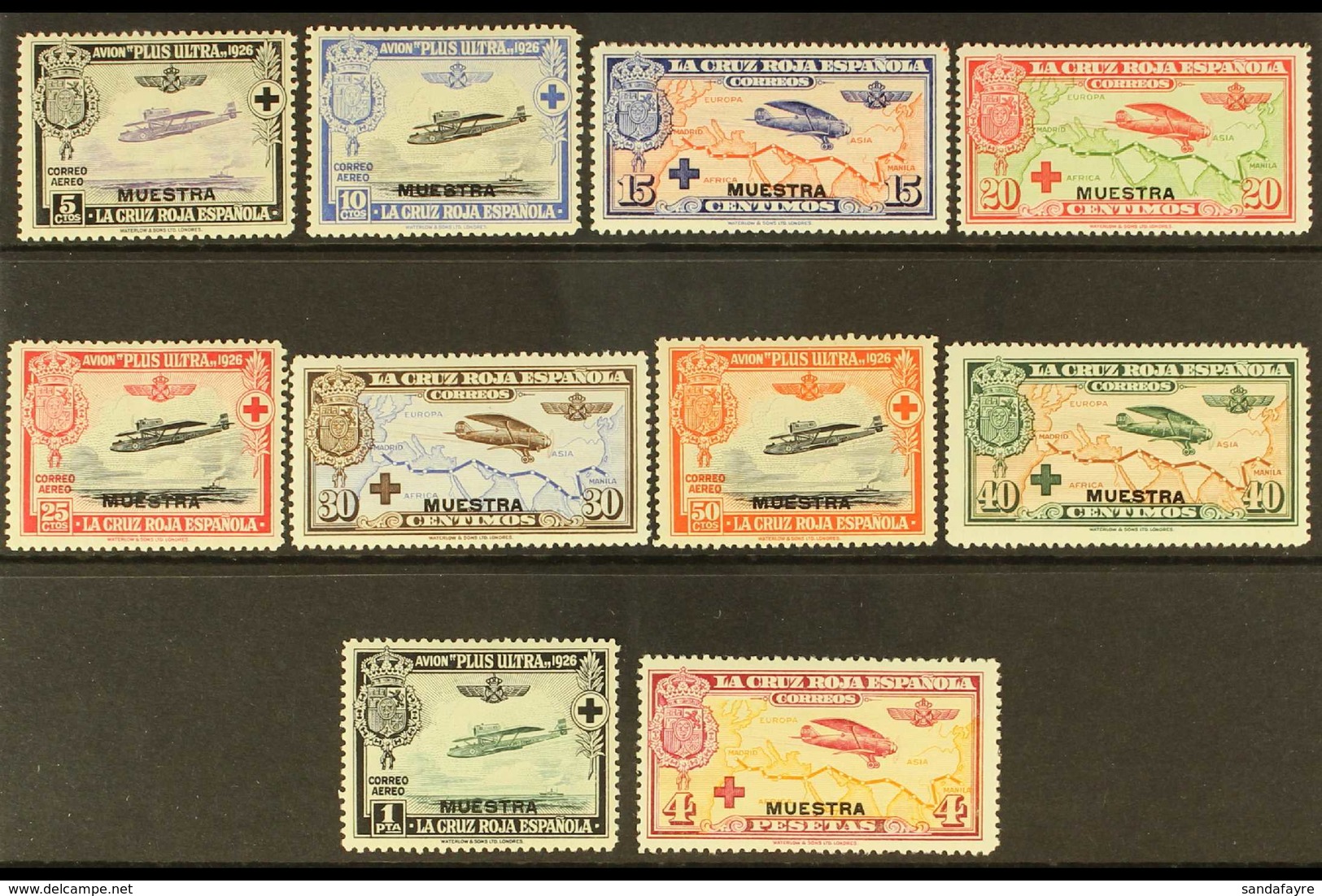 1926 Red Cross Complete Air Set With "MUESTRA" (Specimen) Overprints, Edifil 339M/48M (as SG 407/16, Michel 312/21), Fin - Other & Unclassified