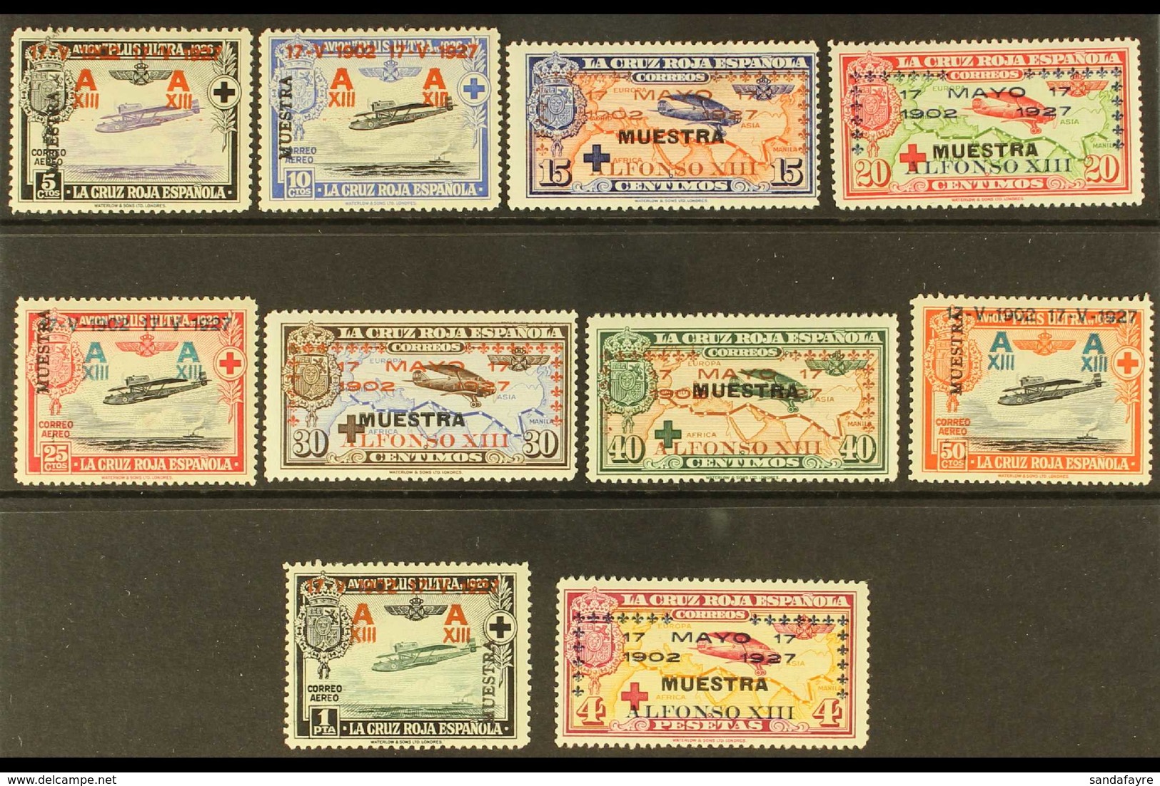 1927 Anniv Of Coronation Overprints On Red Cross Complete Air Set With "MUESTRA" (Specimen) Overprints, Edifil 363M/72M  - Other & Unclassified