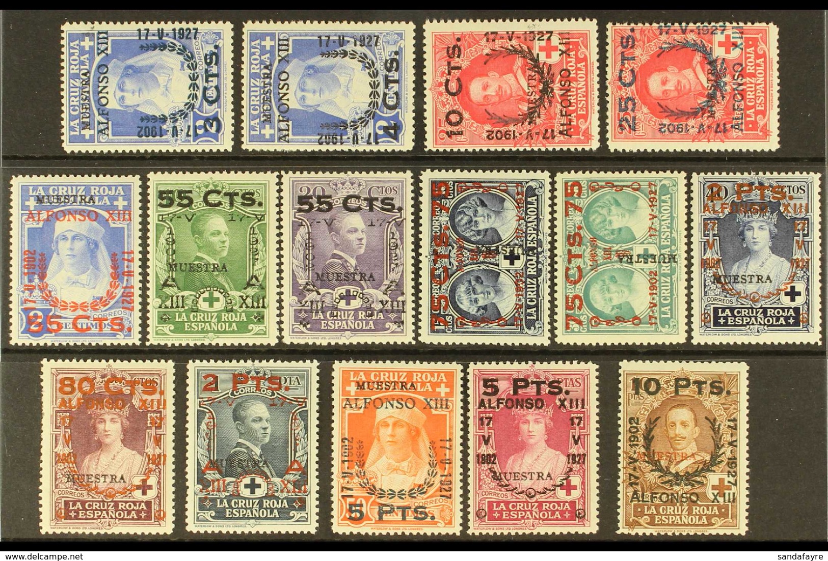 1927 Anniv Of Coronation Surcharges On Red Cross Complete Postage Set With "MUESTRA" (Specimen) Overprints In Capital Le - Other & Unclassified