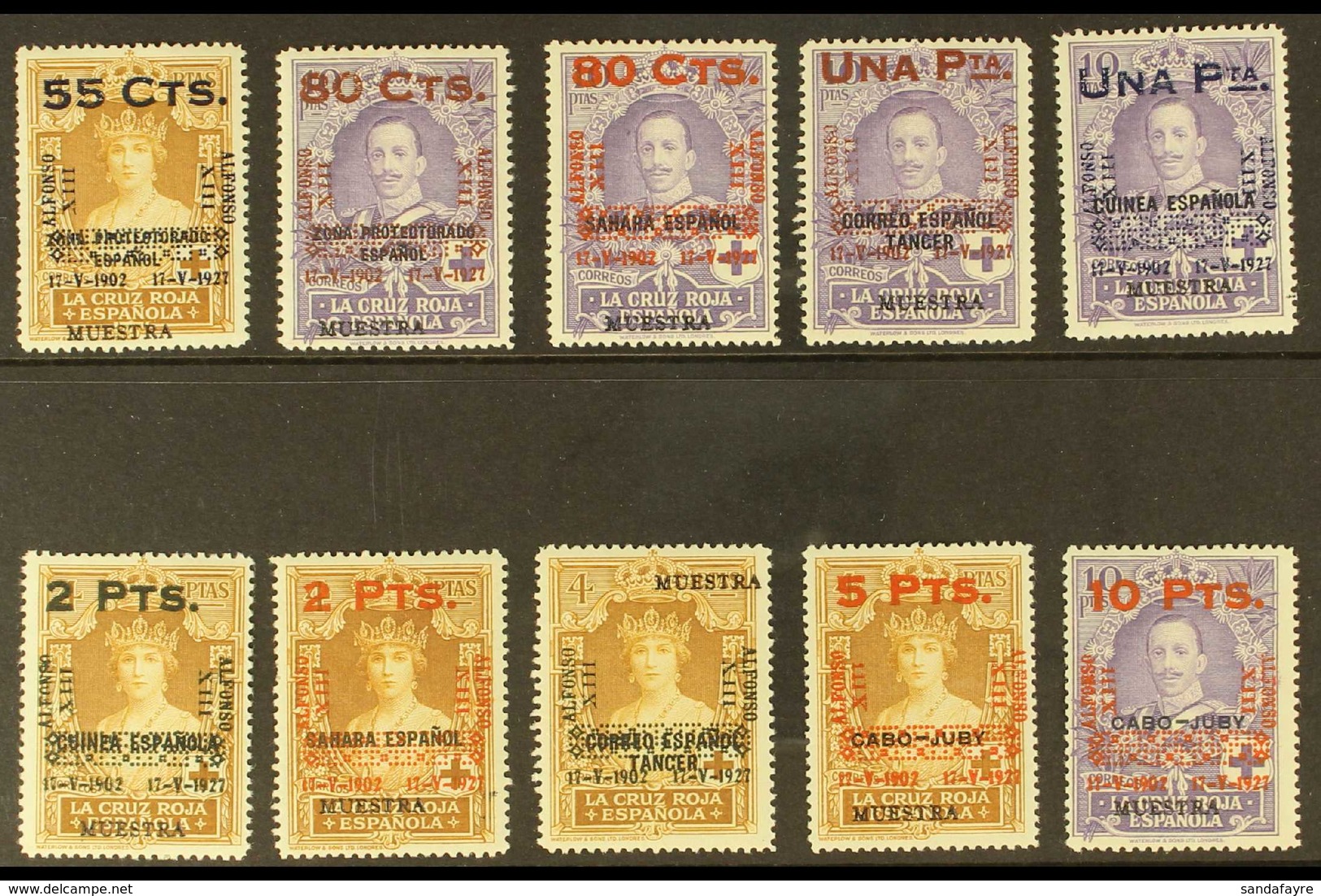 1927 Anniv Of Coronation Overprints On Various Spanish Colonies Red Cross Issues Complete Set With "MUESTRA" (Specimen)  - Other & Unclassified