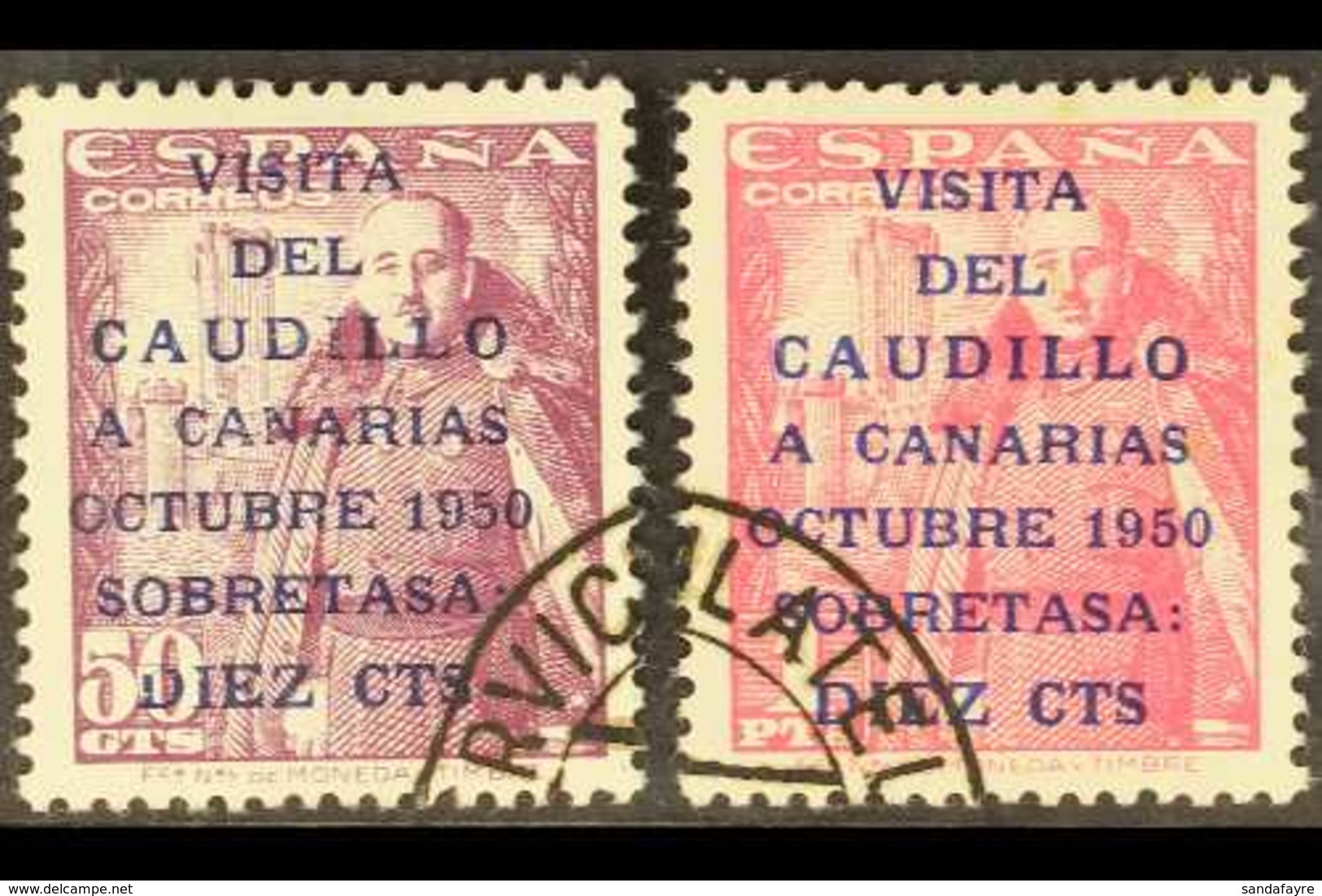 1950 General Franco's Canary Island Visit 10c On 50c And 10c On 1p, Both With "CAUDILLO" 16½mm Long, SG 1149A/1150A, Fin - Other & Unclassified