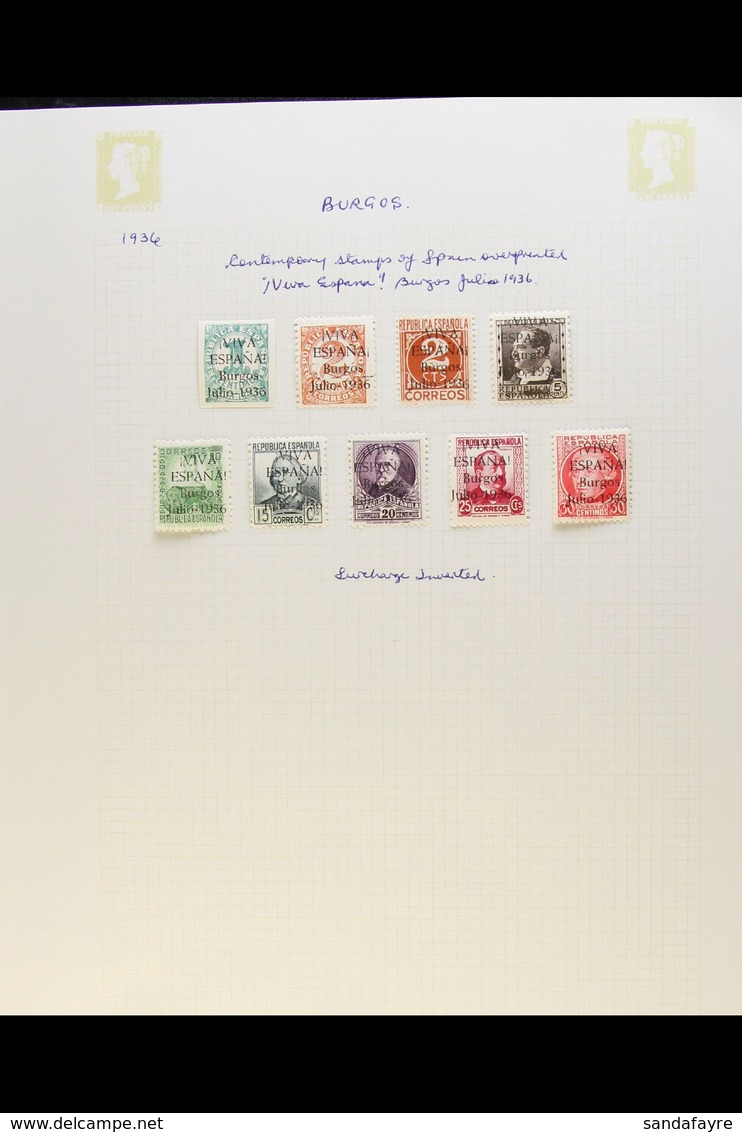 CIVIL WAR ISSUES FOR BURGOS 1936-38 Attractive Fine Mint And Used Collection Written Up On Album Pages, With Nationalist - Other & Unclassified