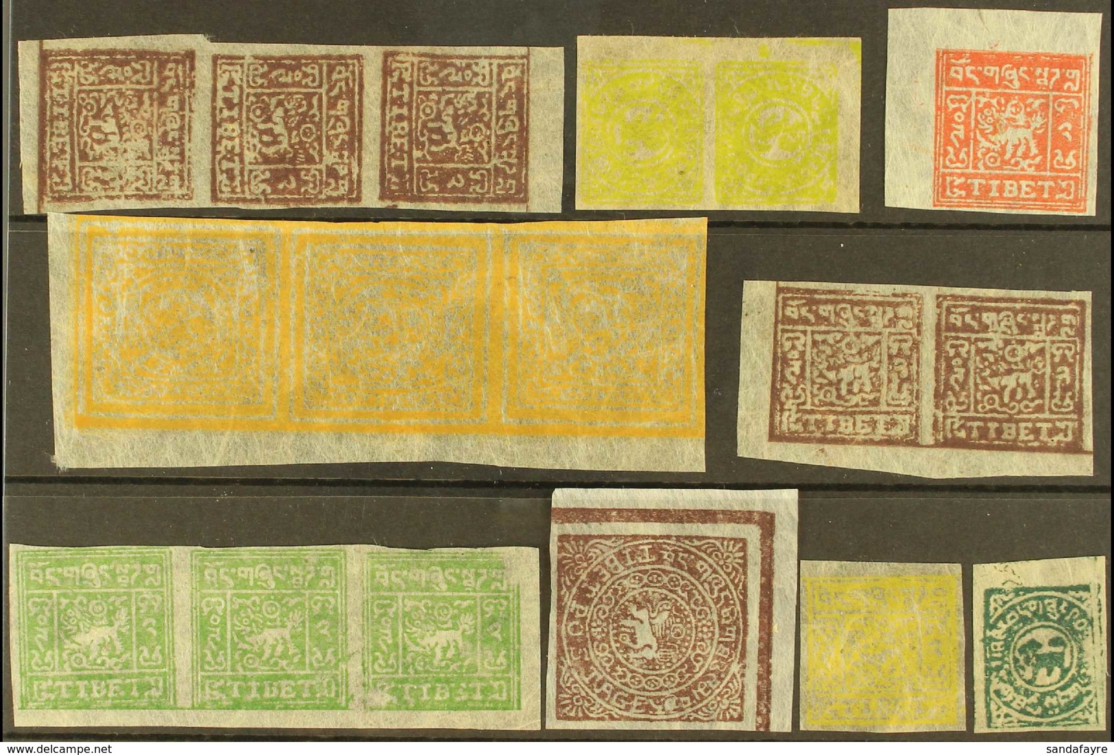 1912-1950 BOGUS ISSUES & FORGERIES. An Interesting Group Of Local Stamps Printed On Native Paper Presented On Stock Card - Tibet