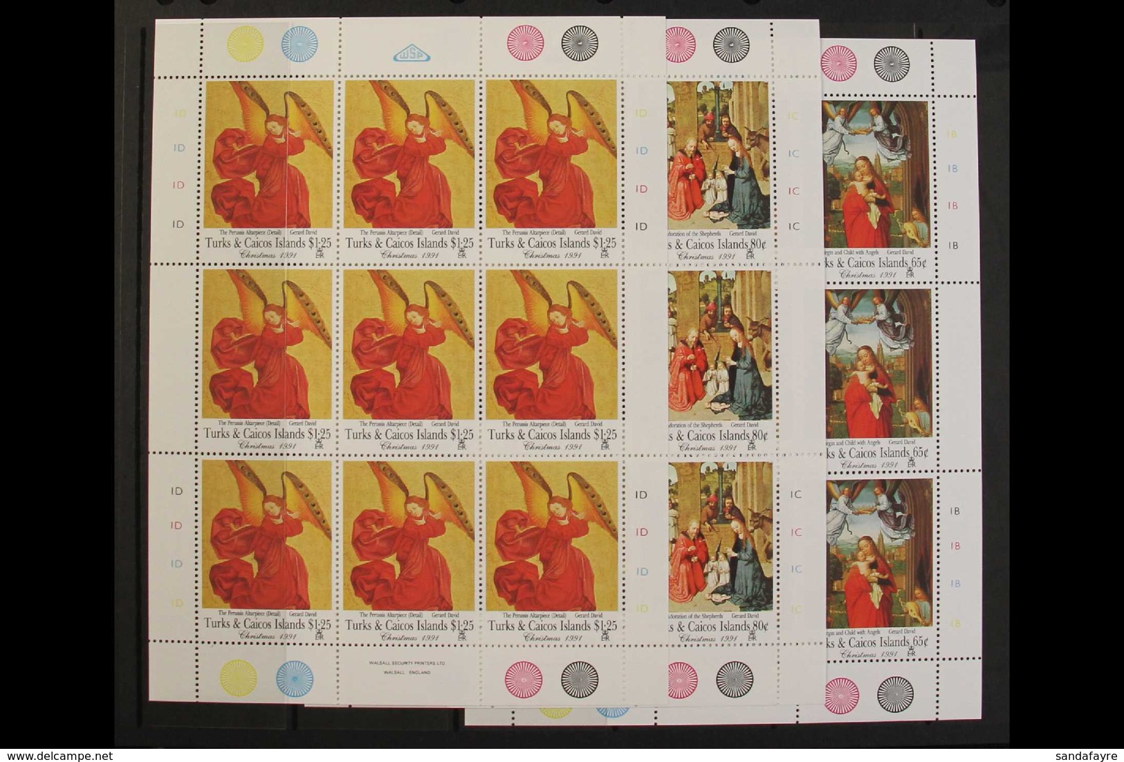 1991 Christmas Paintings By Gerard David, Complete Set In COMPLETE SHEETLETS OF NINE STAMPS, SG 1136/43, never Hinged Mi - Turks And Caicos
