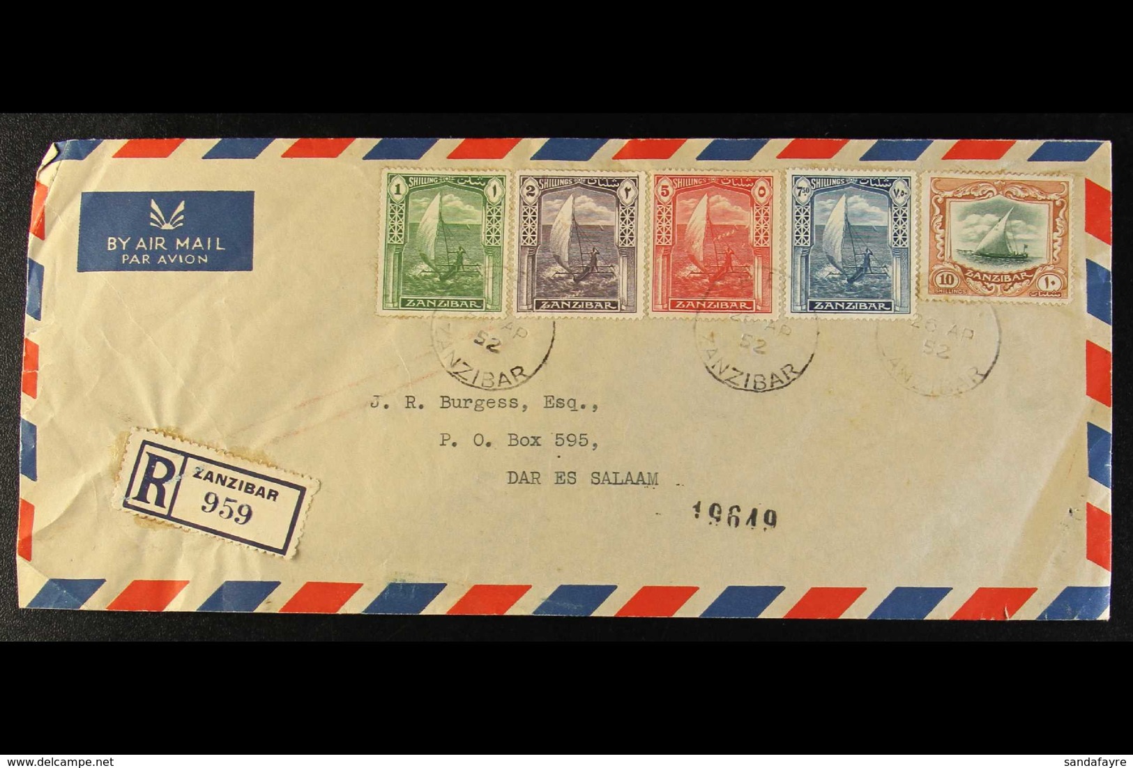 1936 1s To 10s High Values, SG 318/22, Neatly Used On 1952 Registered Airmail Cover. For More Images, Please Visit Http: - Zanzibar (...-1963)