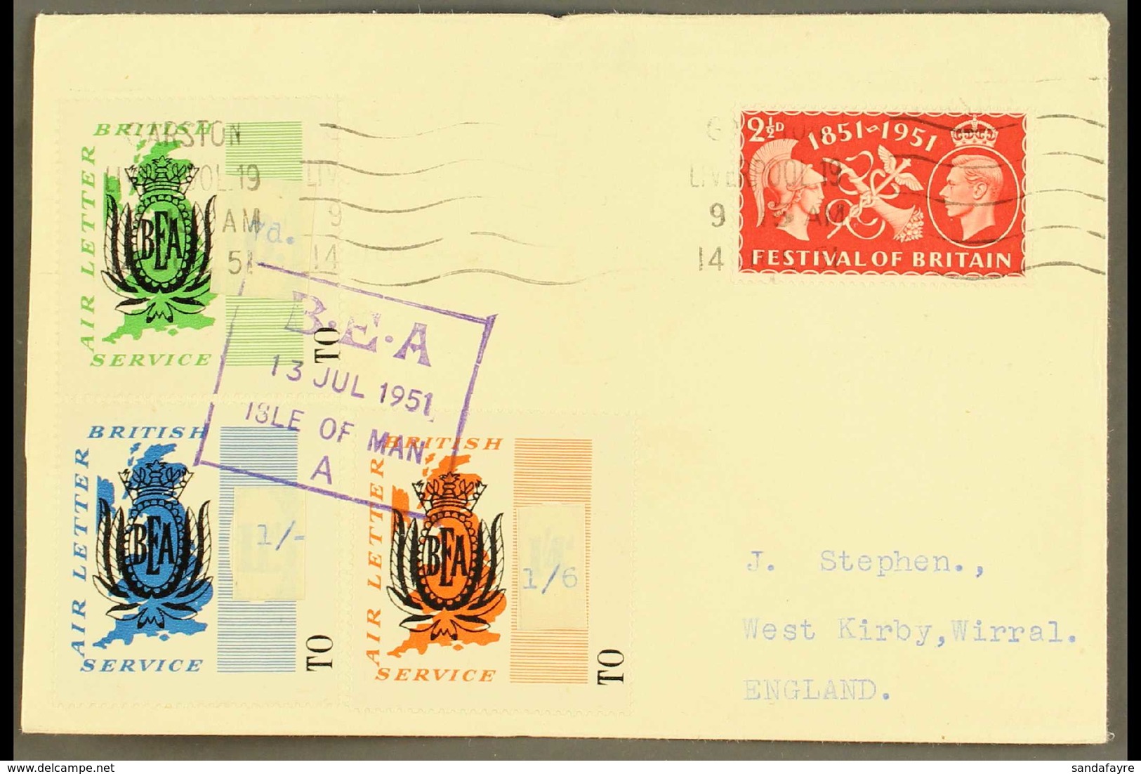 BRITISH AIR LETTER SERVICE 1951 (13 July) Cover From Isle Of Man To West Kirby Bearing B.E.A. 6d, 11d And 1s 4d Labels W - Other & Unclassified