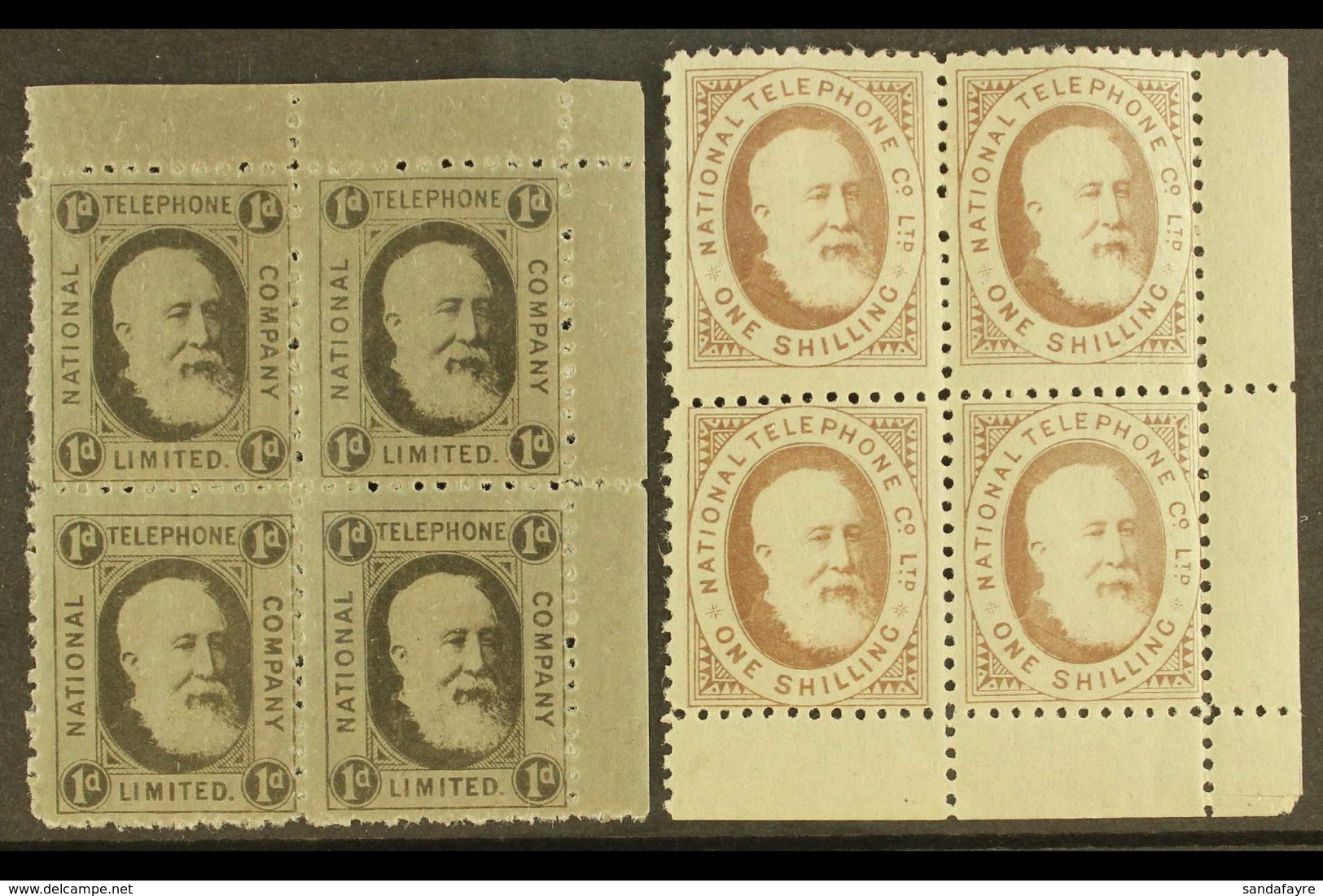 NATIONAL TELEPHONE COMPANY 1884 1d Black And 1s Brown, Barefoot 1 And 5, Both In Very Fine Mint Corner Marginal BLOCKS O - Autres & Non Classés