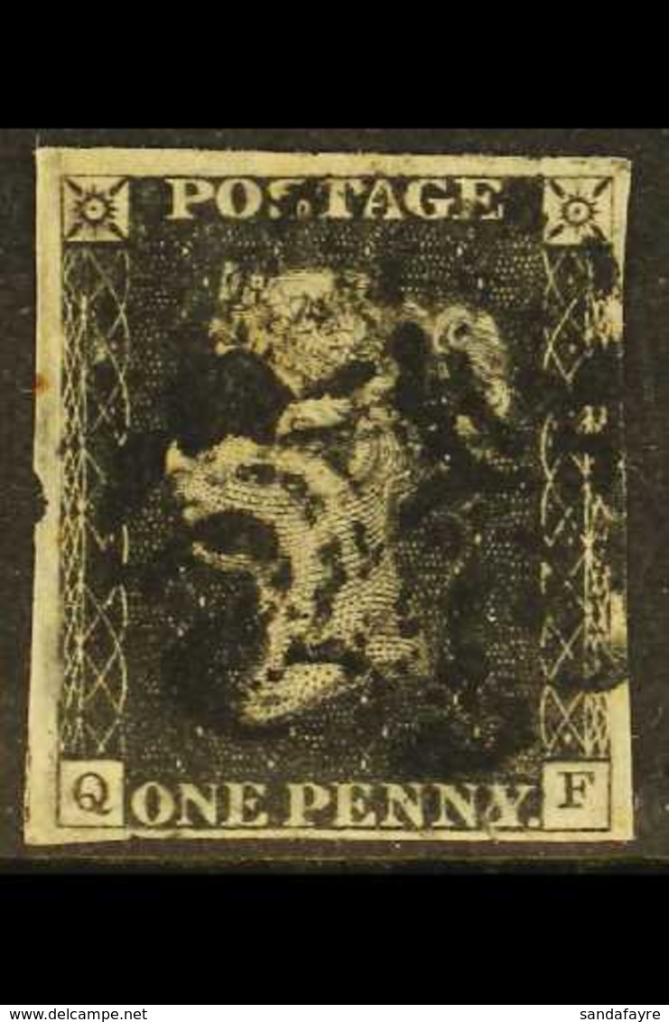 1840 1d Black 'QF', RARE PLATE XI, SG 2, Used With 4 Margins & Black MC Cancellation, Small Thin In Margin At Left Clear - Unclassified