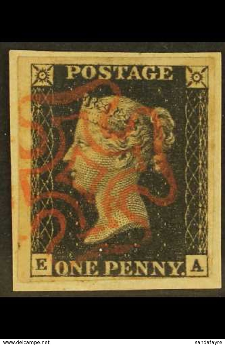 1840 1d Black 'EA' Plate 8, SG 2, Used With 4 Margins Tied To Small Piece By Pretty Red MC Cancellation. Lovely. For Mor - Unclassified
