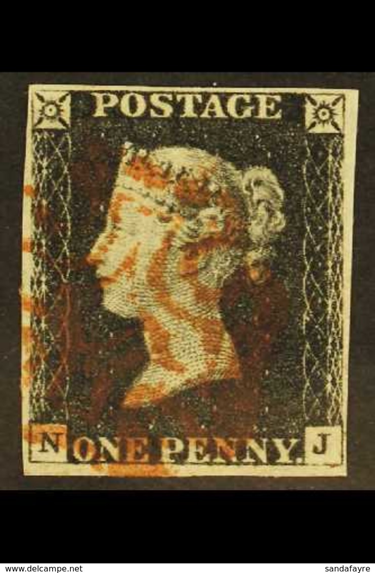 1840 1d Intense Black 'NJ' Plate 1b, SG 1, Used With 4 Margins & Red MC Cancellation. For More Images, Please Visit Http - Unclassified