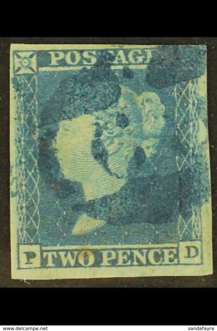 1841 2d Blue 'PD' Plate 4 Cancelled By Very Fine BRIGHT BLUE 1844 Type Postmark With 4 Large Margins. A Lovely Example O - Autres & Non Classés