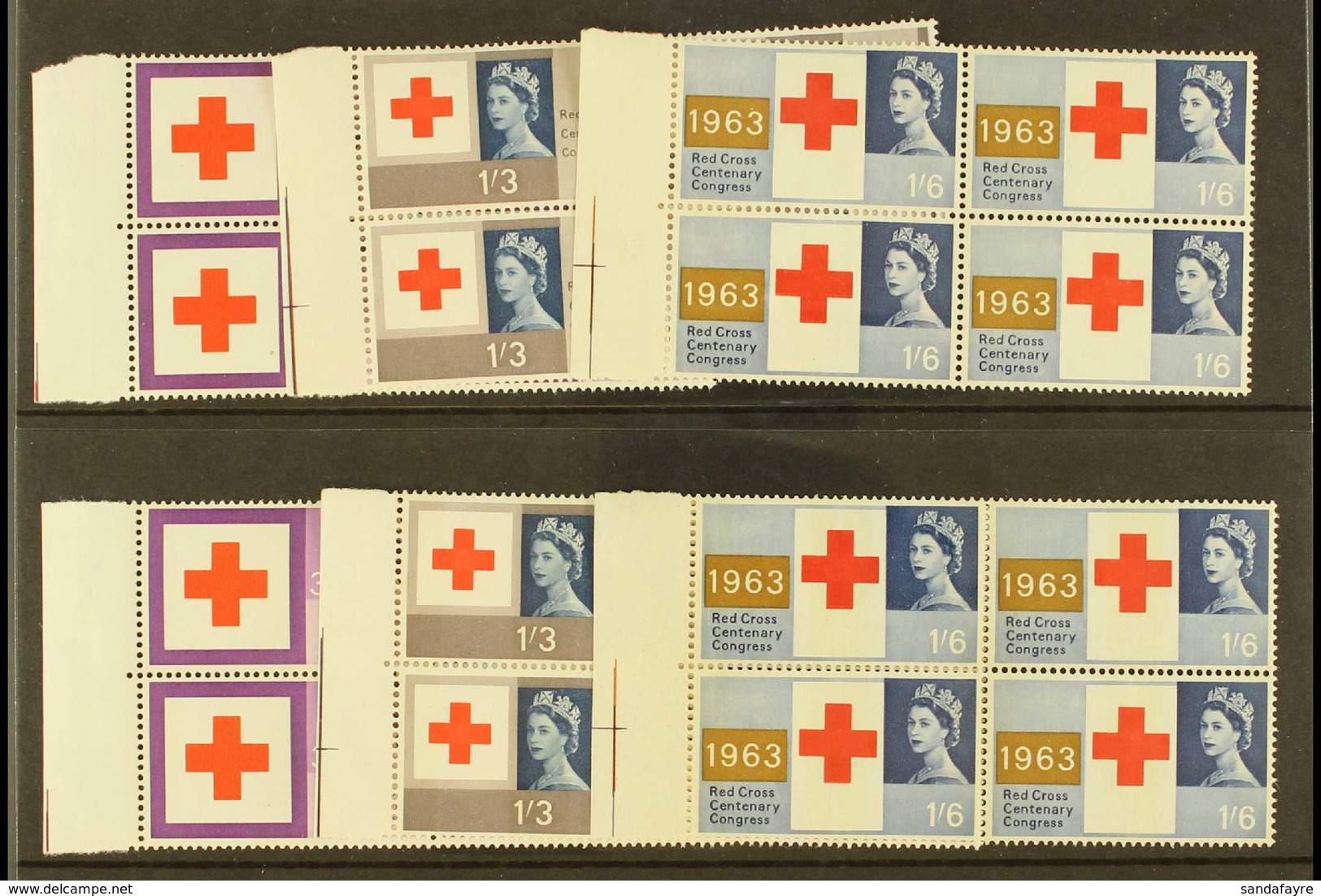 1963 Red Cross Centenary Normal & Phosphor Complete Sets, SG 642/44 & SG 642p/44p, Never Hinged Mint Marginal BLOCKS Of  - Sonstige & Ohne Zuordnung