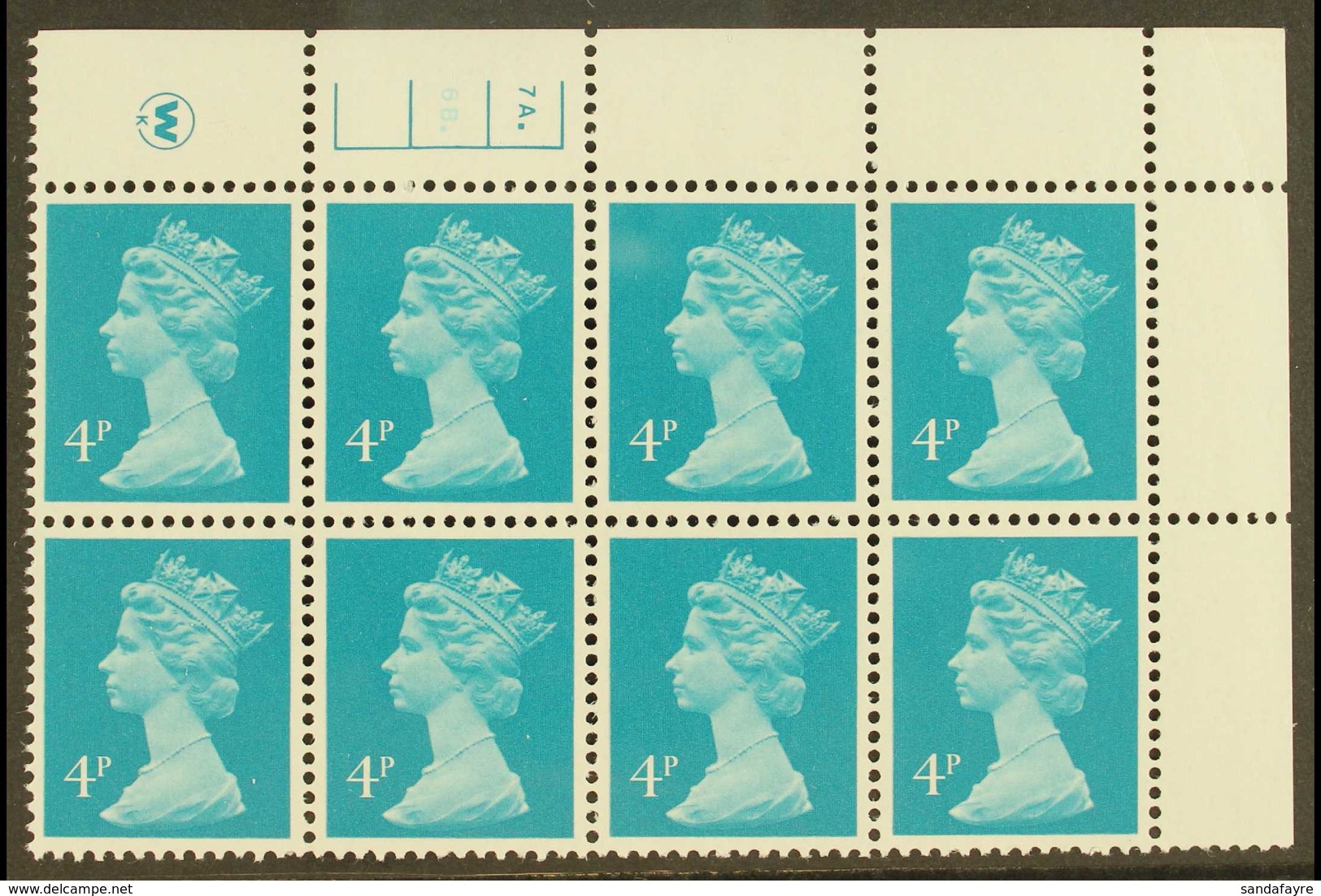 MACHIN PLATE NUMBER BLOCK 1981 4p Greenish Blue, SG X997, Perf 14 (Litho) Waddington, Phosphorised (FCP), Plate 7A. 6B.  - Other & Unclassified