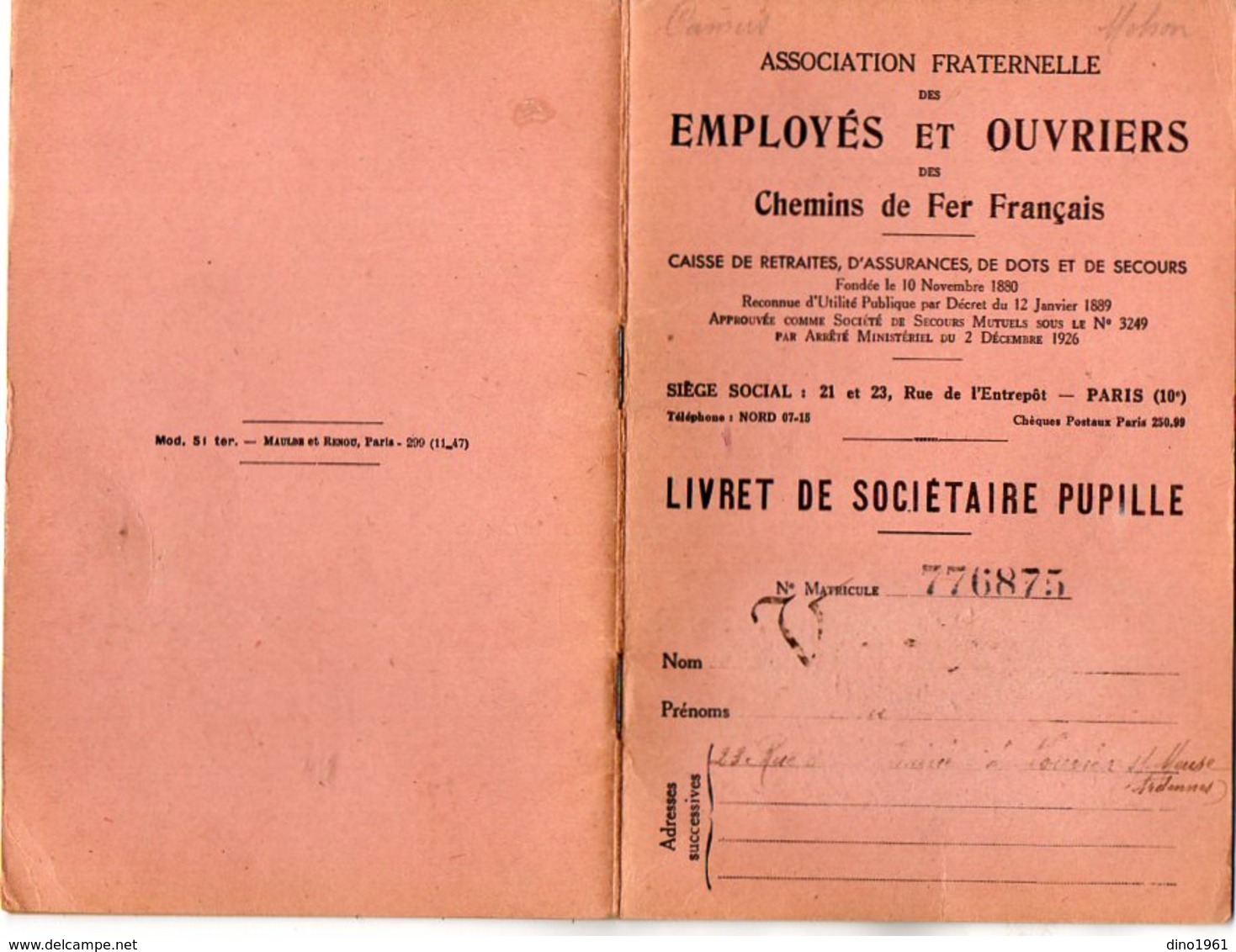 VP12.687 - PARIS 1949 - Association Des Employés & Ouvriers Des Chemins De Fer - Livret De Sociétaire Pupille - - Spoorweg