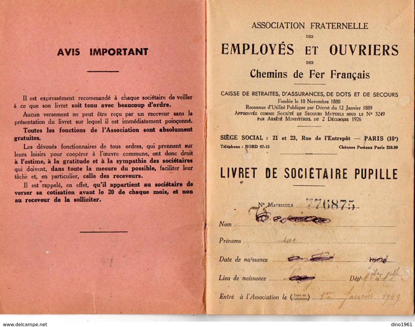 VP12.687 - PARIS 1949 - Association Des Employés & Ouvriers Des Chemins De Fer - Livret De Sociétaire Pupille - - Railway