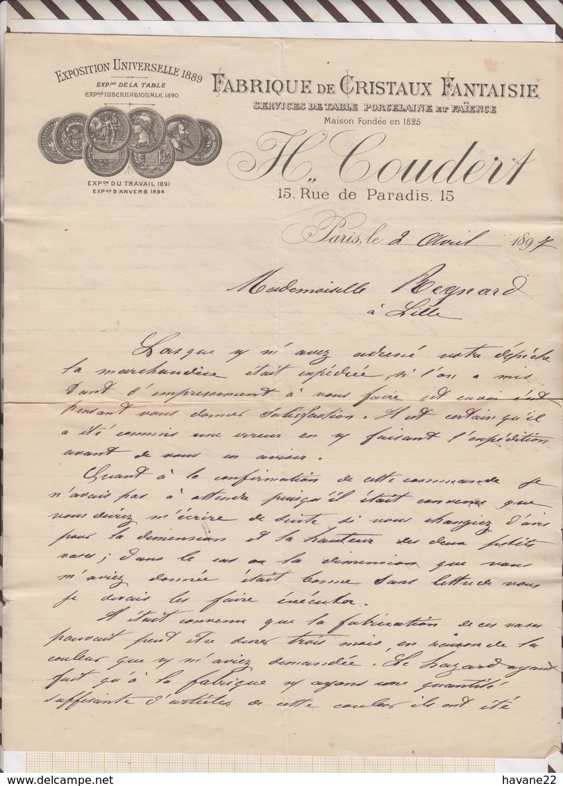 8/88 Lettre Facture COUDERT PARIS FABRIQUE CRISTAUX FANTAISIE / 1897 - 1800 – 1899