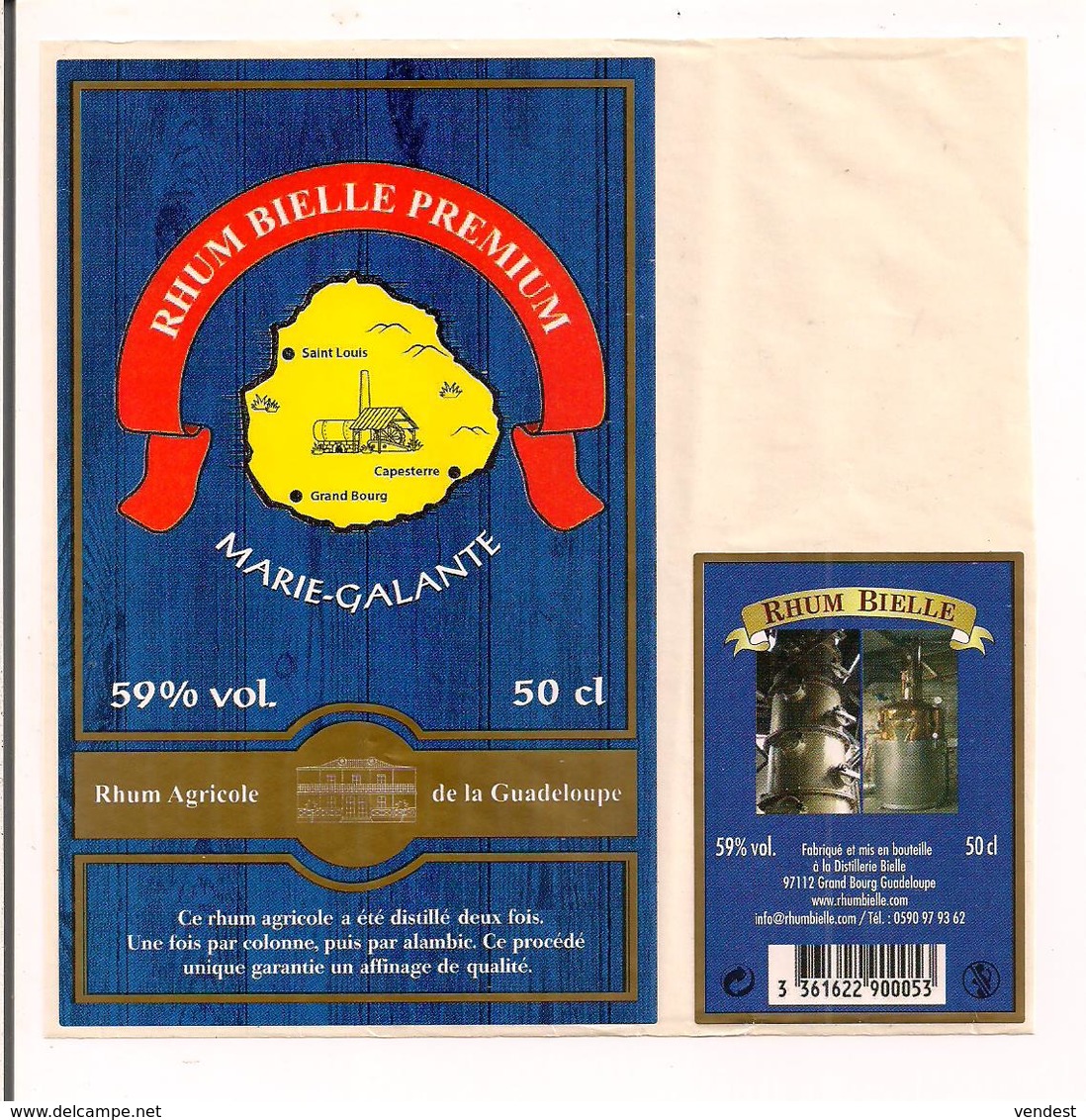 Etiquette   Rhum  Bielle Premium - Distillé Deux Fois - 59% 50 Cl - Contre étiquette Avec Colonne Et Alambic - - Rhum