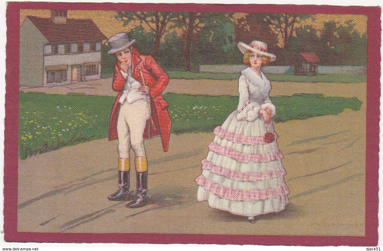 Personnages En Costume / Homme En Tenue D'équitation Et Femme En Robe Longue / 18e Ou 19e - Pintura & Cuadros