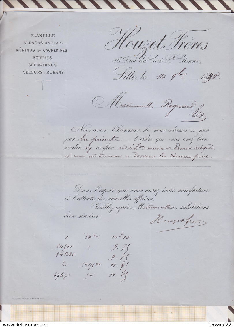 8/66 Lettre Facture HOUZET LILLE FLANELLE ALPAGAS CACHEMIRES / 1890 - 1800 – 1899