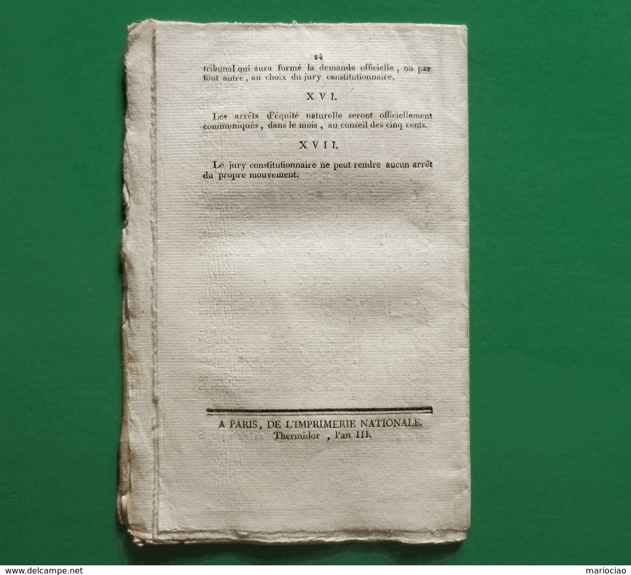 D-FR Révolution 1795 Opinion De SIEYES Sur Les Attributions Et L'organisation Du Jury Constitutionnaire - Documents Historiques