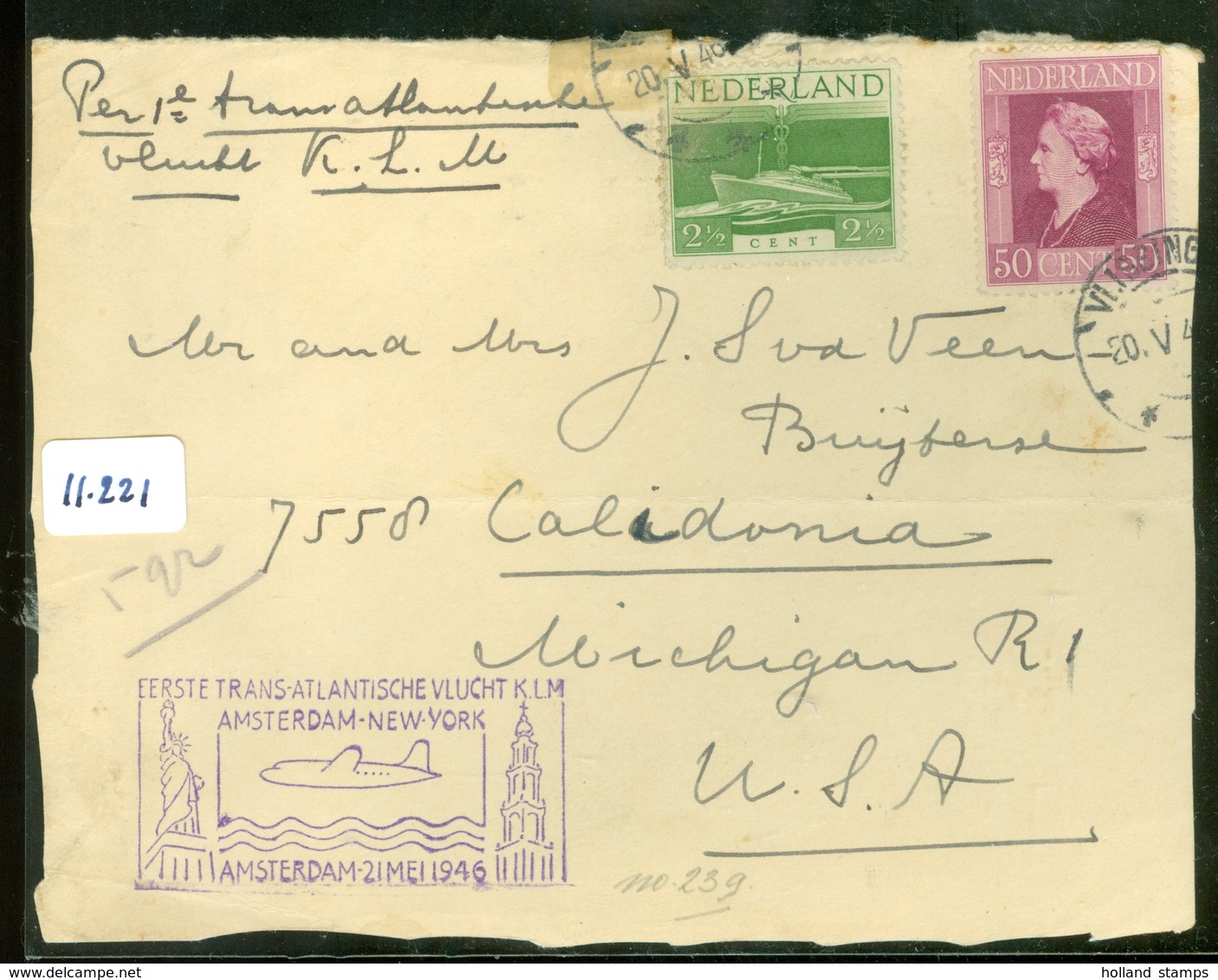 L.P.  BRIEFSTUK Uit 1946 Gelopen Van VLISSINGEN Per 1e KLM VLUCHT AMSTERDAM - NEW YORK Naar MICHIGAN   (11.221) - Covers & Documents