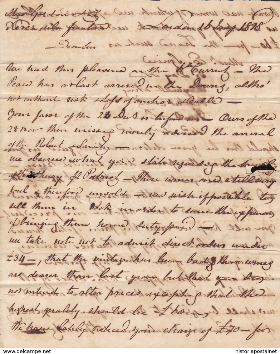 1818. LONDRES A JEREZ DE LA FRONTERA. MARCA LINEAL "ANGLETTERRE". 6/6 CHELINES PENIQUES. 21 REALES. TRIPLE PORTE. - ...-1840 Voorlopers