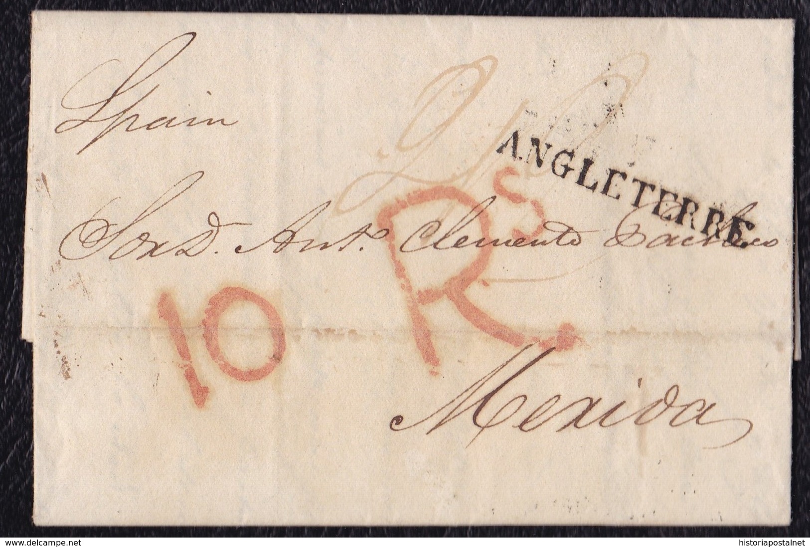 1820. LONDRES A MÉRIDA. MARCA  "ANGLETTERRE". 2/2 CHELINES/PENIQUES Y ESPECTACULAR PORTEO "10Rs" REALES. MUY BONITA. - ...-1840 Precursores